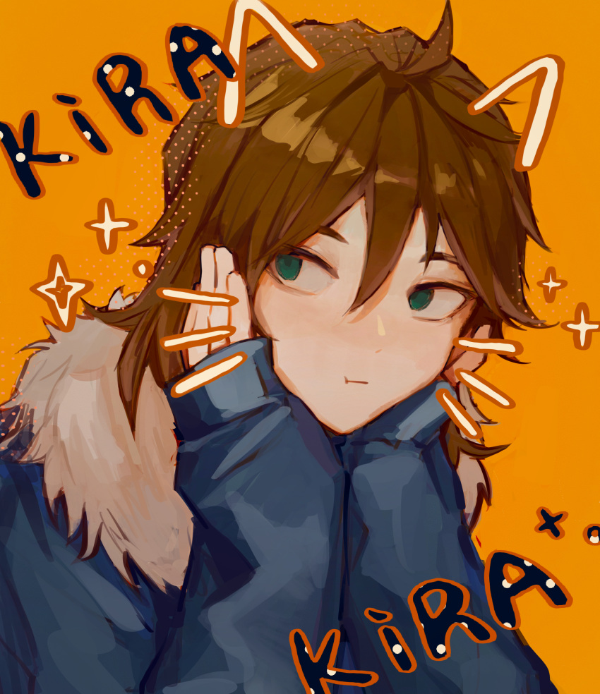 1boy :t absurdres blue_jacket brown_hair chinese_commentary closed_mouth eyebrows_behind_hair fur-trimmed_jacket fur_trim green_eyes hands_on_own_cheeks hands_on_own_face highres isoi_reiji jacket long_sleeves orange_background saibou_kamikyou solo sparkle yikousuuu