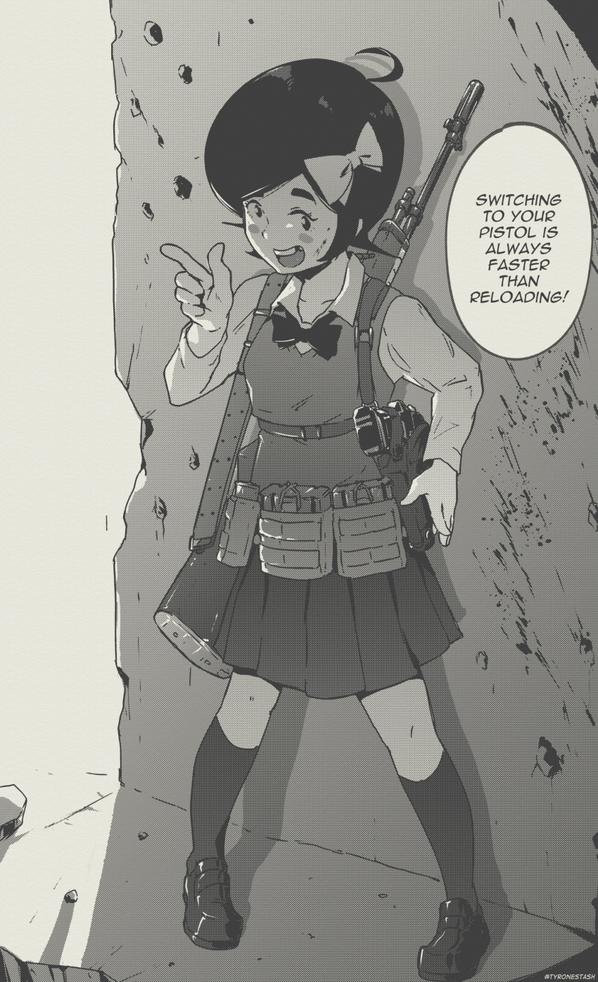:d battle_rifle black_hair blush_stickers bow bowtie breasts bullet_hole call_of_duty_4 collared_shirt english_text greyscale gun hair_bow handgun highres holly_(tyrone) kneehighs m14 monochrome open_mouth original pistol pleated_skirt pointing rifle shirt skirt smile speech_bubble standing tooth_gap tyrone upper_teeth weapon