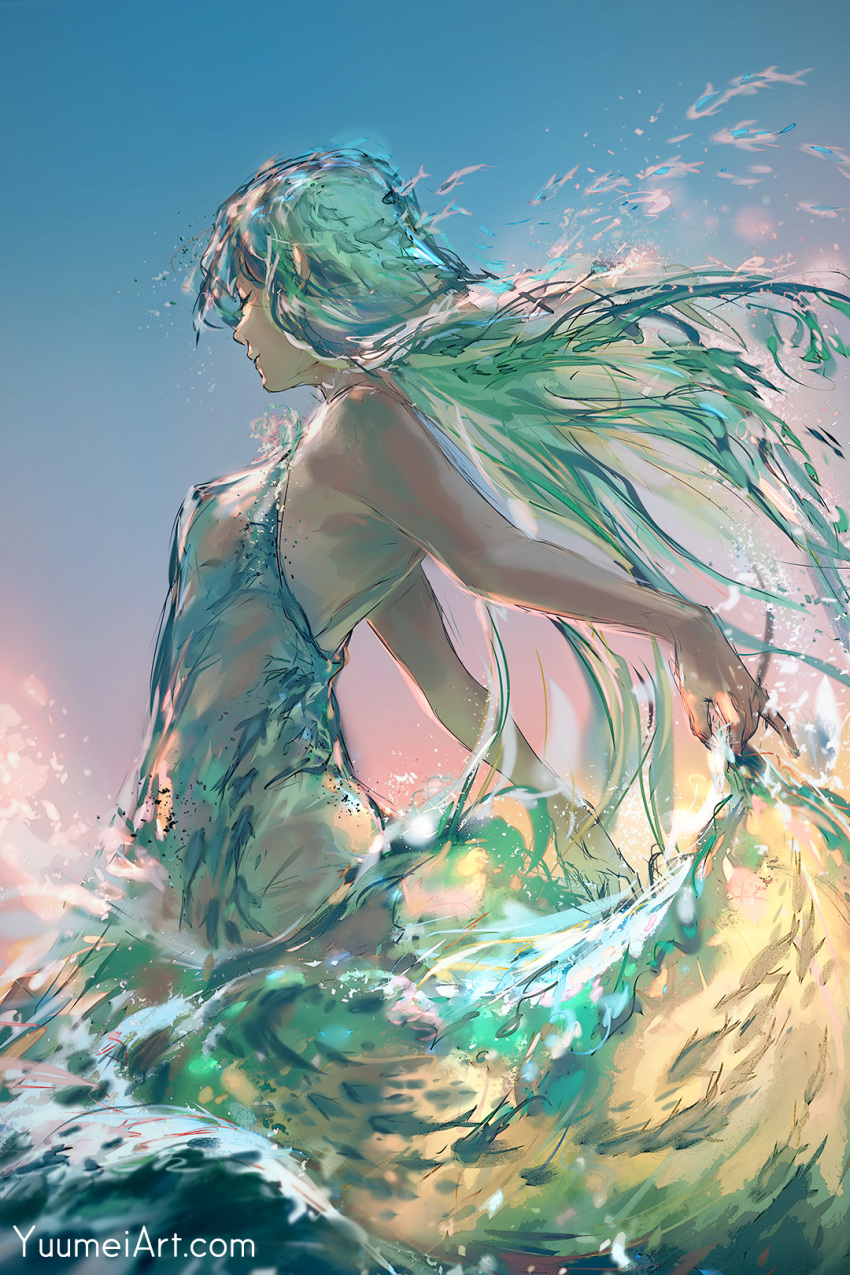 1girl bare_arms bare_shoulders blue_dress blue_sky breasts closed_eyes closed_mouth clouds commentary day dress english_commentary from_side green_hair highres liquid_clothes liquid_hair long_hair original outdoors sky sleeveless sleeveless_dress small_breasts solo very_long_hair watermark web_address wenqing_yan