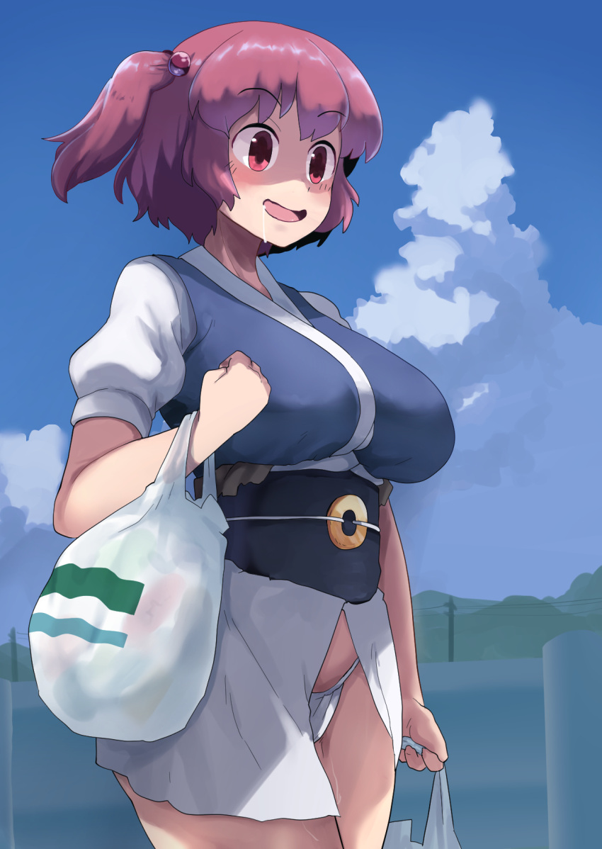 1girl bag bangs black_sash blue_sky blush breasts clouds coin_on_string commentary_request cookie_(touhou) cowboy_shot day drooling eyebrows_visible_through_hair fuka_(kantoku) fundoshi hair_bobbles hair_ornament highres holding holding_bag japanese_clothes large_breasts no_pants obi onozuka_komachi open_mouth outdoors power_lines puffy_short_sleeves puffy_sleeves red_eyes redhead sash shaded_face shishou_(cookie) shopping_bag short_hair short_sleeves sky solo touhou two_side_up