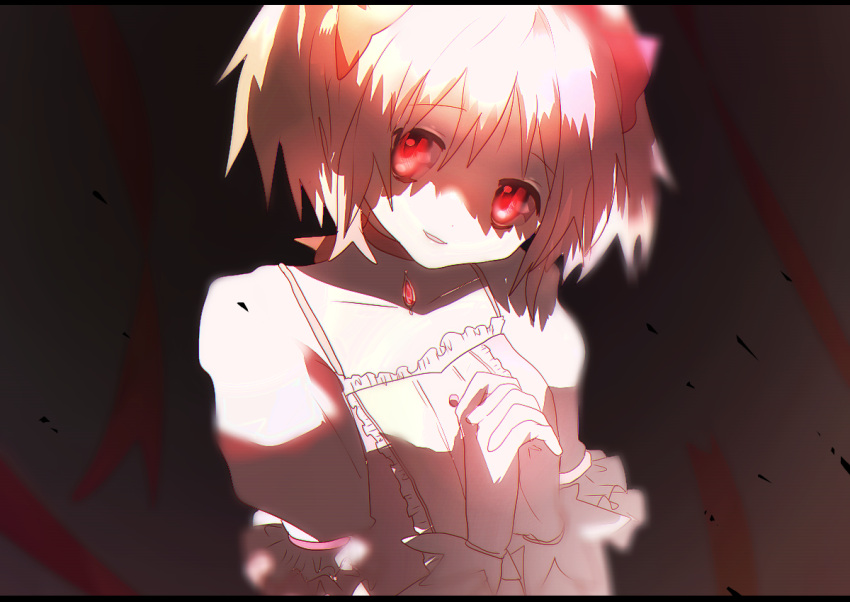 1girl gloves hands_clasped head_tilt kaname_madoka light looking_at_viewer magical_girl mahou_shoujo_madoka_magica open_mouth own_hands_together pink_eyes pink_hair red_eyes shadow short_hair short_twintails skirt smile solo soul_gem twintails user_wwky4558