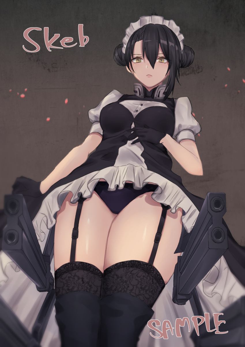 absurdres agent_(girls_frontline) black_hair black_legwear black_panties breasts collar double_bun garter_straps girls_frontline gun highres legs_together looking_at_viewer looking_down maid maid_headdress miniskirt moshoko_(mizuneroku) panties skirt small_breasts thick_thighs thighs underwear weapon yellow_eyes