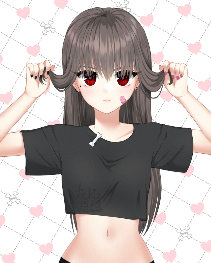 1girl artist_name bandaid bandaid_on_cheek bangs black_nails black_shirt commentary crop_top earrings english_commentary grey_hair hands_up highres holding holding_hair jewelry long_hair looking_at_viewer midriff mole mole_under_eye nail_polish navel original pink_nails red_eyes shirt short_sleeves solo upper_body vickie_(cryingrobot) watermark