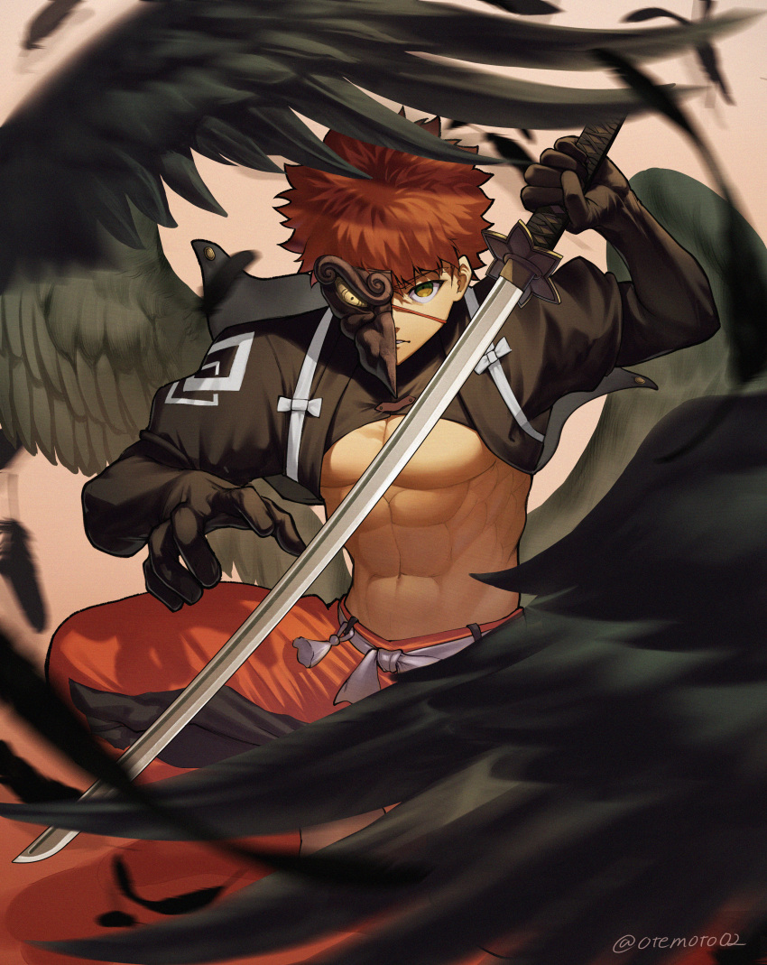 1boy abs absurdres bare_pectorals black_wings costume_request emiya_shirou fate/grand_order fate_(series) feathered_wings half_mask highres holding holding_sword holding_weapon huge_filesize japanese_clothes katana male_focus moto_(otemoto02) navel official_alternate_costume orange_hair orange_pants pants pectorals senji_muramasa_(fate) short_hair shrug_(clothing) solo stomach sword toned toned_male weapon wings yellow_eyes