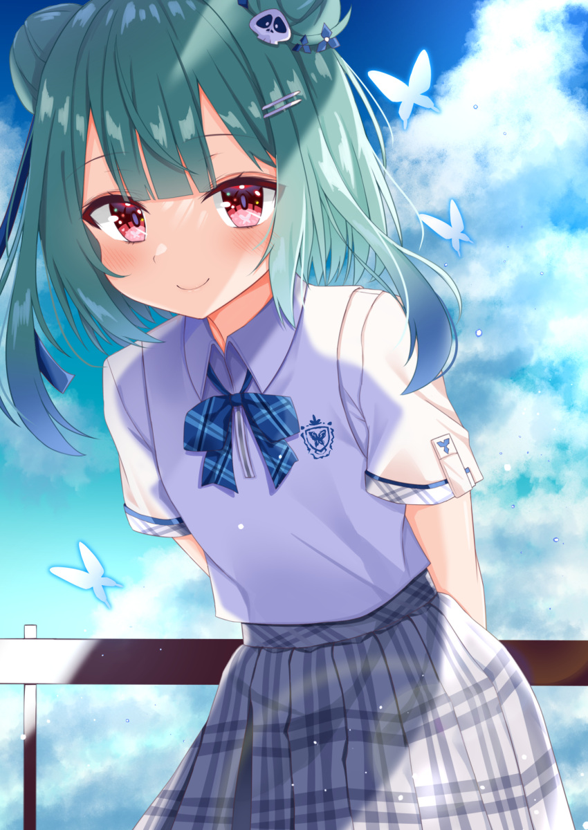 1girl arms_behind_back blue_hair blue_sky bow bowtie closed_mouth collared_shirt divergenceok double_bun gradient_hair green_hair grey_skirt hair_ornament hair_ribbon hairclip highres hololive leaning_forward looking_at_viewer miniskirt multicolored_hair pleated_skirt red_eyes ribbon school_uniform shirt short_hair sidelocks skirt skull_hair_ornament sky smile solo uruha_rushia virtual_youtuber white_shirt