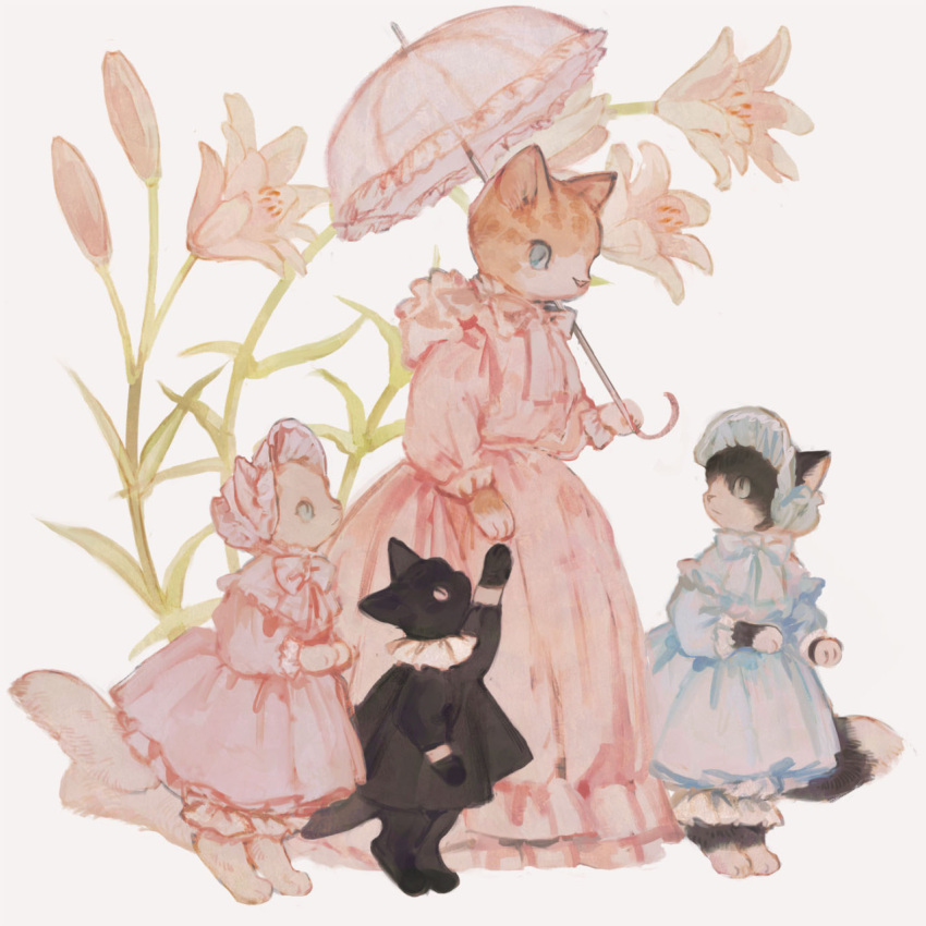 animal black_cat blue_dress blue_eyes blue_headwear bonnet bow cat clothed_animal dress flower frilled_dress frilled_shirt_collar frills full_body highres holding holding_umbrella kitten lily_(flower) long_sleeves no_humans original paws pink_dress pink_headwear pink_umbrella reaching shirt simple_background standing tabby_cat tono_(rt0no) umbrella white_cat