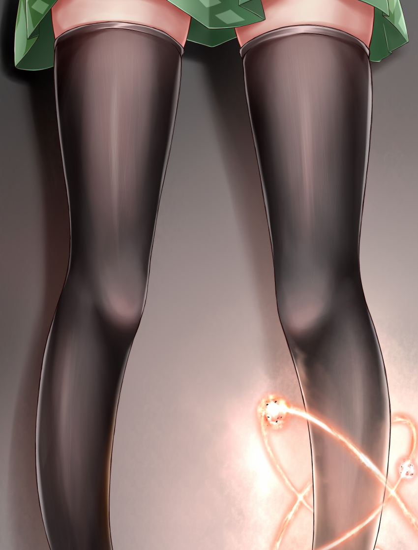1girl absurdres atom black_legwear commentary_request feet_out_of_frame feng_ling_(fenglingwulukong) glowing green_skirt grey_background highres legs lower_body miniskirt reiuji_utsuho skirt solo thigh-highs touhou