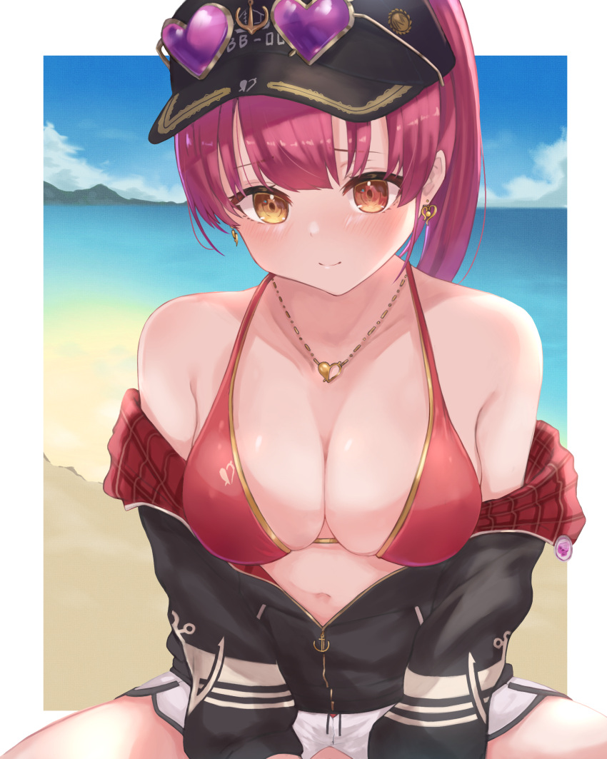 1girl absurdres arrow_through_heart ayama_nano badge bangs baseball_cap beach bikini black_headwear black_jacket blush breasts day dolphin_shorts earrings eyewear_on_head halter_top halterneck hat heart heart-shaped_eyewear heterochromia highres hololive hood hooded_jacket houshou_marine indian_style jacket jewelry large_breasts light_smile long_hair long_sleeves looking_at_viewer necklace ocean off_shoulder official_alternate_costume outdoors partially_unzipped ponytail red_bikini red_eyes redhead sand short_shorts shorts sitting skindentation sky solo spread_legs sunglasses swimsuit virtual_youtuber white_shorts yellow_eyes zipper_pull_tab