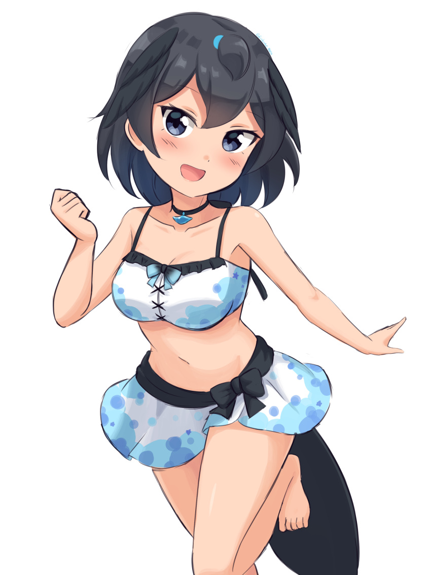 1girl :d absurdres bangs bare_arms bare_legs bare_shoulders barefoot bikini bikini_skirt black_eyes black_hair breasts clenched_hand collarbone foot_out_of_frame greater_lophorina_(kemono_friends) head_wings highres kemono_friends looking_at_viewer medium_breasts navel open_mouth shiraha_maru short_hair simple_background smile solo swimsuit white_background