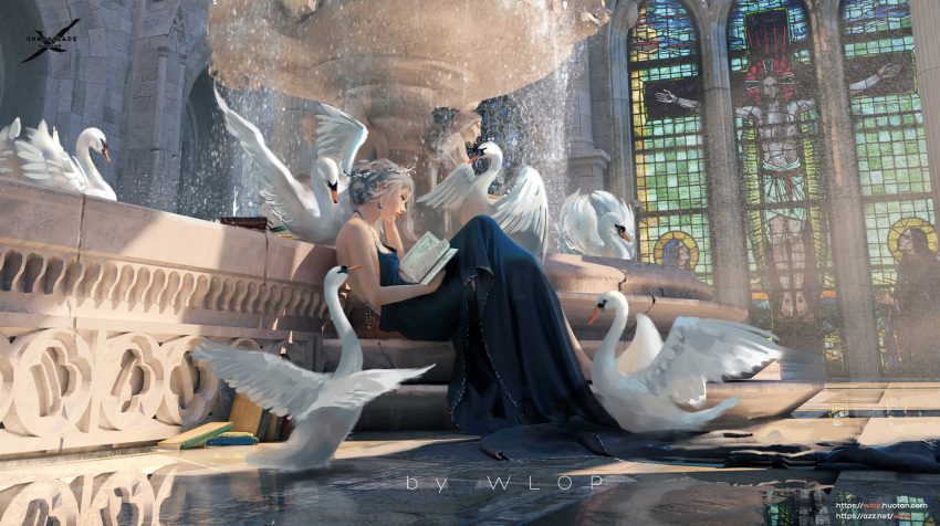 1girl backless_dress backless_outfit bird black_dress blue_eyes book dress earrings fountain ghostblade grey_hair highres jewelry lips open_book patreon_username pointy_ears princess_yan reflection short_hair sitting solo stained_glass swan tiara watermark web_address wlop
