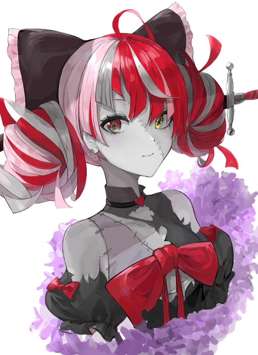 1girl black_bow bow chan1moon colored_skin double_bun dress grey_hair grey_skin hair_bow heterochromia highres hololive hololive_indonesia kureiji_ollie looking_at_viewer multicolored_hair pink_hair red_eyes redhead smile solo stitched_face sword torn_clothes torn_dress virtual_youtuber weapon yellow_eyes zombie