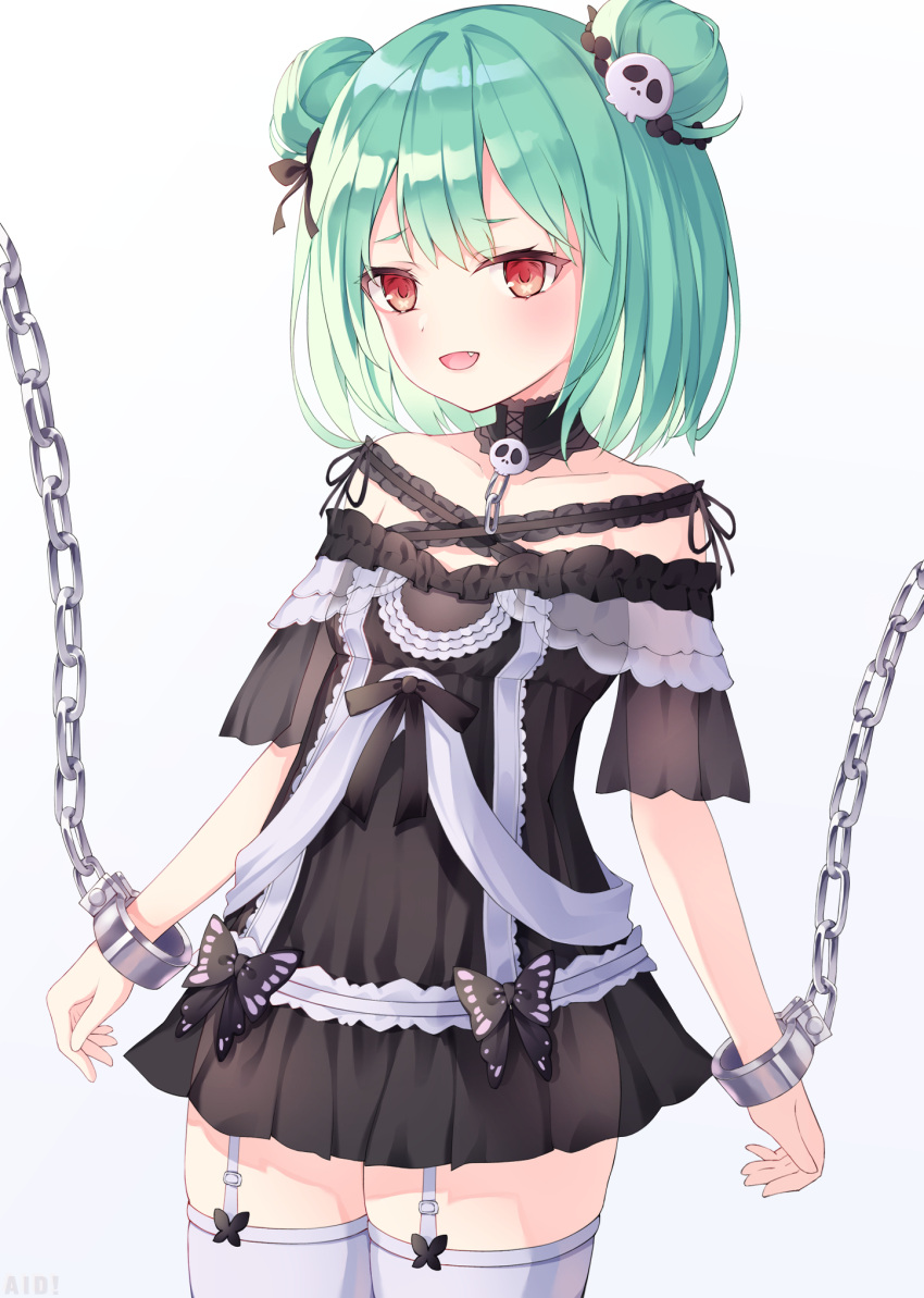 1girl aid! artist_name bangs black_bow black_choker black_dress blush bow chain choker commentary cowboy_shot cuffs double_bun dress eyebrows_visible_through_hair fang garter_straps green_hair hair_bow hair_ornament hair_ribbon highres hololive looking_at_viewer medium_hair off-shoulder_dress off_shoulder open_mouth red_eyes restrained ribbon short_eyebrows short_sleeves simple_background skull_hair_ornament smile solo standing thigh-highs uruha_rushia virtual_youtuber white_background white_legwear