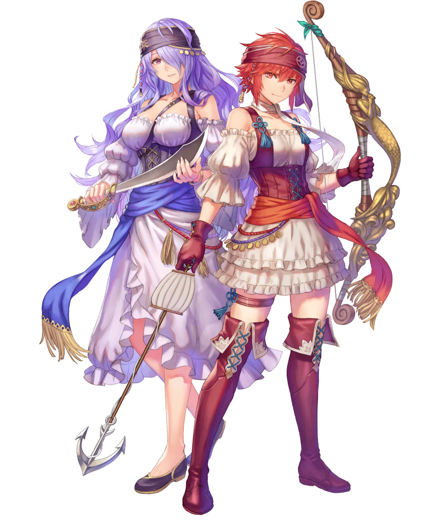 2girls anbe_yoshirou arrow_(projectile) bangs bare_shoulders boots bow_(weapon) braid breasts camilla_(fire_emblem) closed_mouth collarbone dress fire_emblem fire_emblem_fates fire_emblem_heroes frills full_body gloves hair_over_one_eye headband highres hinoka_(fire_emblem) holding holding_bow_(weapon) holding_sword holding_weapon large_breasts long_hair looking_at_viewer multiple_girls official_art puffy_short_sleeves puffy_sleeves purple_hair red_eyes redhead shiny shiny_hair shoes short_hair short_sleeves smile standing sword thigh-highs thigh_boots thigh_strap tied_hair transparent_background weapon zettai_ryouiki