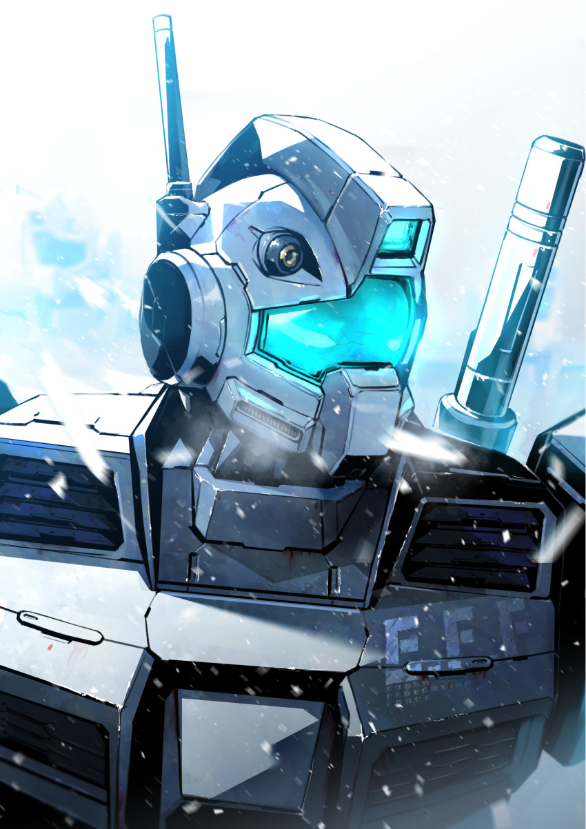 glowing gm_cold_districts_type gundam gundam_0080 highres kuri_giepi looking_to_the_side mecha mobile_suit no_humans portrait radio_antenna science_fiction snow solo visor