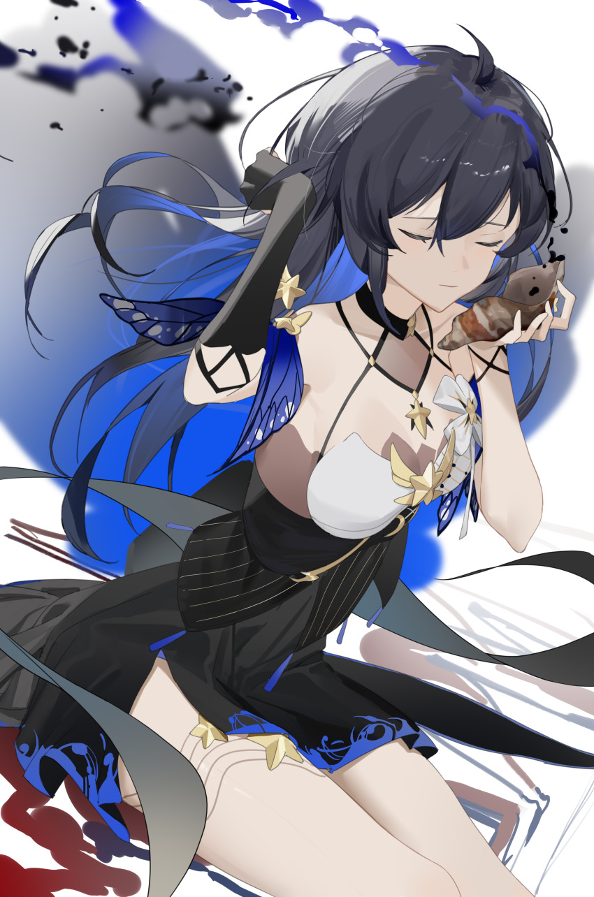 1girl absurdres adjusting_hair arm_up bangs bare_legs black_gloves black_hair blue_hair chinese_commentary closed_eyes colored_inner_hair commentary_request cowboy_shot dress elbow_gloves frown gloves hair_ornament highres holding_shell honkai_(series) honkai_impact_3rd kuo_(kuo114514) long_hair multicolored_hair seashell seele_vollerei shell simple_background sleeveless sleeveless_dress solo star_(symbol) star_hair_ornament tagme white_background
