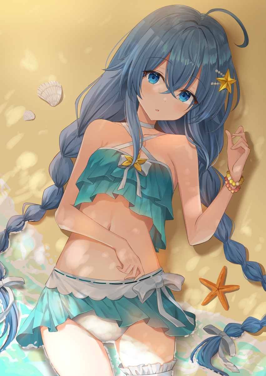 1girl ahoge bare_shoulders beach bead_bracelet beads bikini bikini_skirt blue_bikini blue_eyes blue_hair bracelet braid choker criss-cross_halter frilled_bikini frills hair_ribbon halterneck hand_up highres jewelry kanaria_hisagi leg_garter long_hair looking_at_viewer lying midriff mushoku_tensei navel on_back parted_lips ribbon roxy_migurdia solo stomach swimsuit twin_braids twintails very_long_hair water white_choker