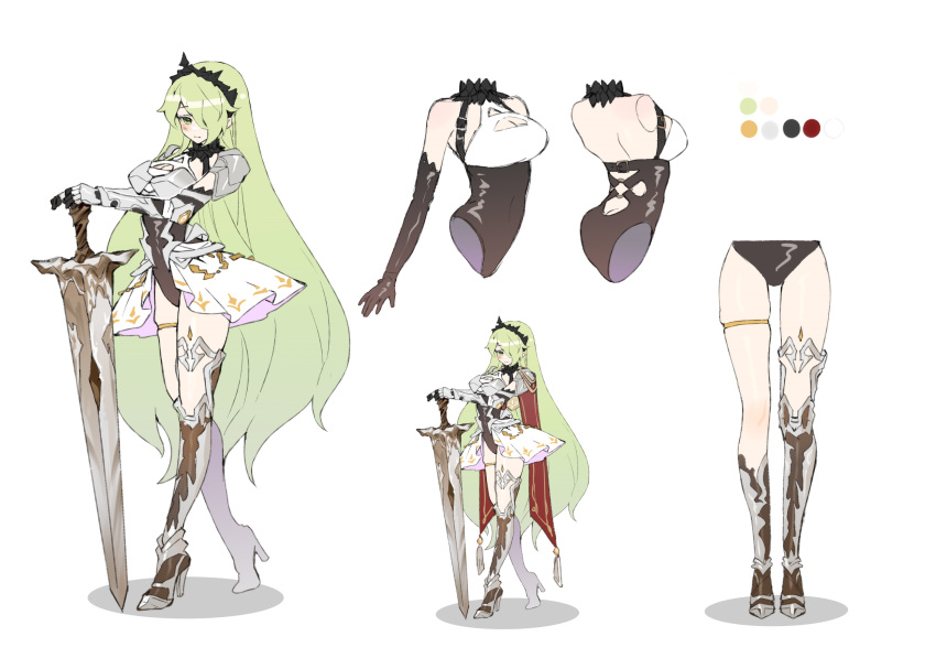 1girl blush breasts bugie character_sheet commission commissioner_upload del_(dendroai) full_body gloves greatsword green_eyes green_hair high_heels highres large_breasts long_hair looking_at_viewer multiple_views original sword weapon