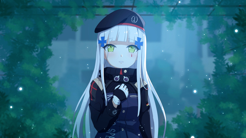 1girl absurdres bangs beret blunt_bangs blurry commentary cross_hair_ornament depth_of_field facial_mark girls_frontline gloves green_eyes hair_ornament hat highres hk416_(girls_frontline) incoming_kiss long_hair military_jacket parted_lips silver_hair solo teardrop_tattoo upper_body white_gloves white_hair wo_you_yibei_jia_wanli