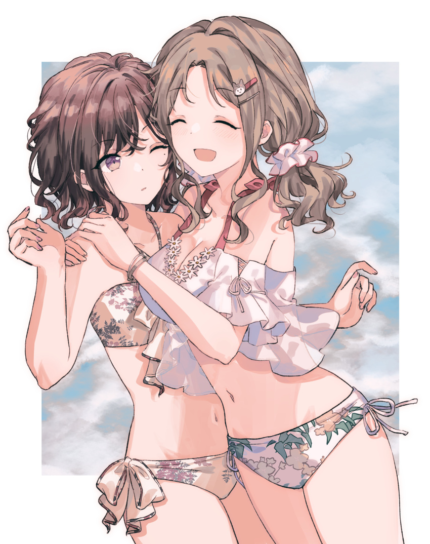 2girls :d absurdres bangs bikini blush breasts brown_hair closed_eyes cowboy_shot eyebrows_visible_through_hair floral_print gocoli hair_ornament hair_scrunchie hairpin halter_top halterneck hands_on_another's_shoulders hands_up highres higuchi_madoka hug ichikawa_hinana idolmaster idolmaster_shiny_colors looking_at_another medium_breasts mole mole_under_eye multiple_girls navel one_eye_closed open_mouth parted_bangs parted_lips print_bikini scrunchie short_sleeves side-tie_bikini smile standing stomach swimsuit twintails violet_eyes