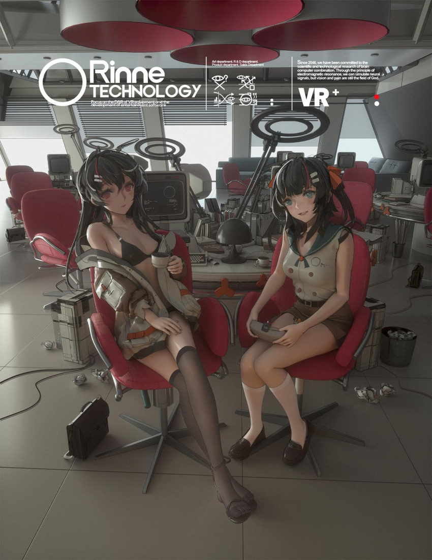 2girls bangs bikini black_legwear blush breasts crossed_legs english_text green_eyes hair_ornament hairclip highres ibara_dance indoors jacket long_hair looking_at_viewer medium_breasts medium_hair multiple_girls off_shoulder open_clothes open_jacket open_mouth original red_eyes sailor_collar sandals sitting swimsuit thigh-highs two_side_up
