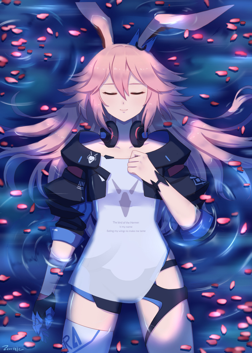 1girl animal_ears bangs black_gloves black_jacket closed_eyes closed_mouth fox_ears from_above gloves hair_between_eyes headphones headphones_around_neck highres honkai_(series) honkai_impact_3rd jacket liquid petals petals_on_liquid pink_hair qian_yi see-through_shirt single_glove single_thighhigh sleeves_past_elbows smile solo thigh-highs violet_eyes wet wet_clothes wet_hair white_legwear yae_sakura yae_sakura_(goushinnso_memento)