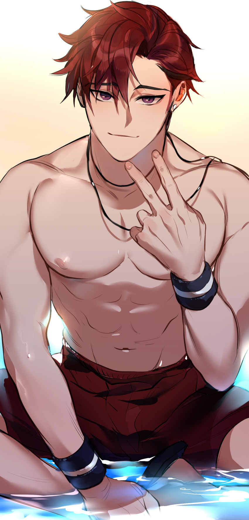 1boy abs absurdres bracer character_request closed_mouth eloseu_(haribochase) highres jewelry king's_raid looking_at_viewer male_focus male_swimwear muscular muscular_male necklace nipples redhead sandals shirtless smile solo swimsuit violet_eyes water