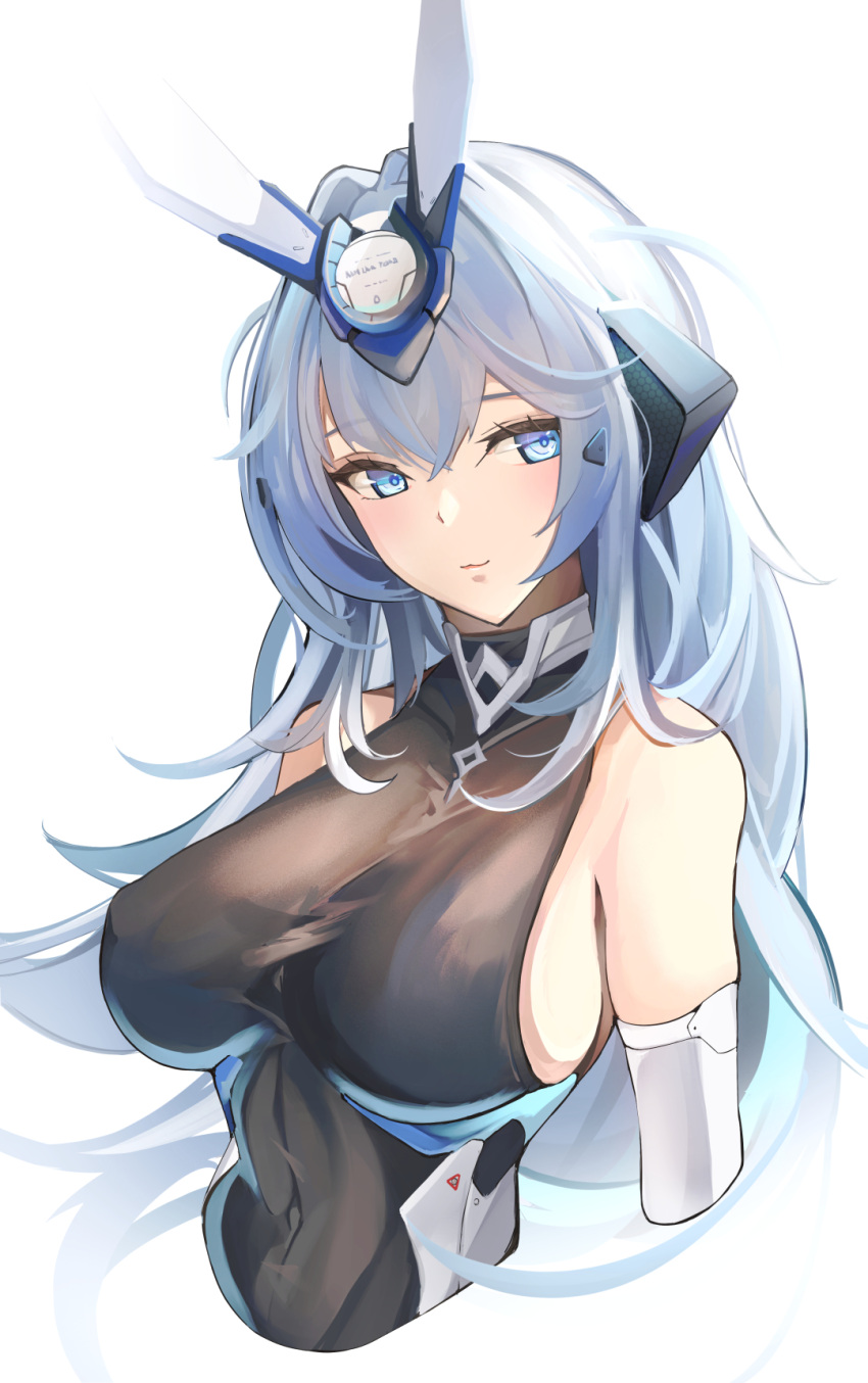 1girl azur_lane bare_shoulders blue_eyes blue_hair bodysuit breasts elbow_gloves gloves halter_top halterneck headgear highres large_breasts looking_to_the_side navel new_jersey_(azur_lane) skin_tight skindentation smile upper_body yusha_m