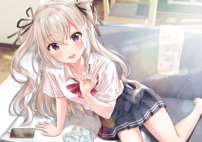 1girl :d arm_support bangs barefoot blush chair couch hand_up highres indoors kadowaki_mai long_hair looking_at_viewer open_mouth original phone school_uniform shiokazunoko sitting smile socks solo twintails uniform v violet_eyes white_hair
