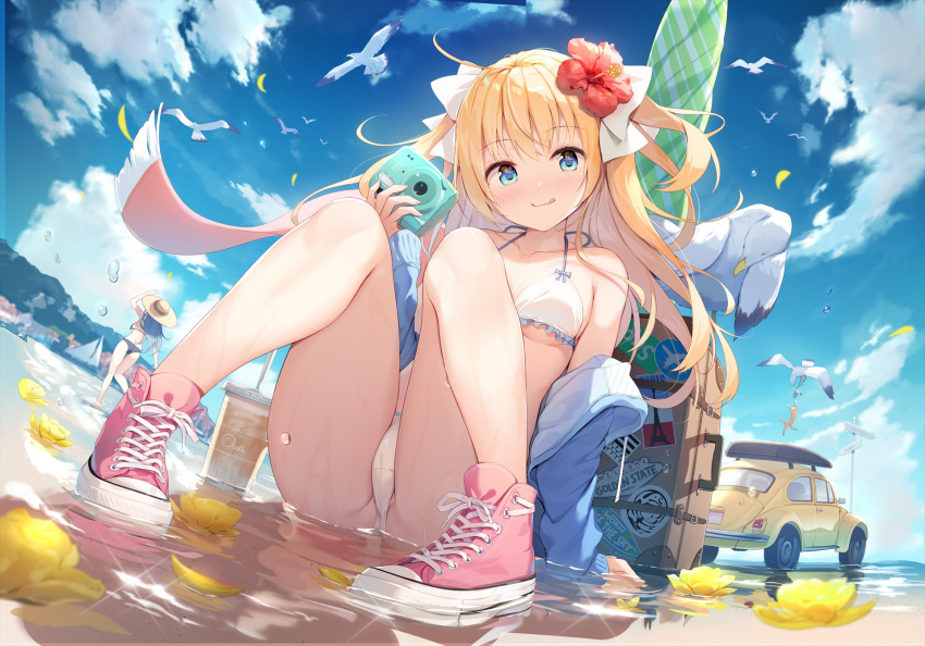 2girls :q animal arm_support ass bag bangs bare_legs bare_shoulders beach bikini bird blonde_hair blue_eyes blue_hair blue_jacket blue_sky blush bow breasts camera car clouds crotch_seam cup day disposable_cup emori_el emori_miku emori_miku_project eyebrows_visible_through_hair flower ground_vehicle hair_bow hair_flower hair_ornament halterneck hibiscus highres holding holding_camera jacket jpeg_artifacts knees_up large_breasts long_hair looking_at_viewer luggage medium_breasts motor_vehicle multiple_girls nijihashi_sora off_shoulder open_clothes open_jacket outdoors pink_footwear red_flower scarf seagull shoes sitting sky small_breasts smile sneakers solo_focus string_bikini swimsuit thighs tongue tongue_out two_side_up water wet white_bikini white_bow yellow_flower