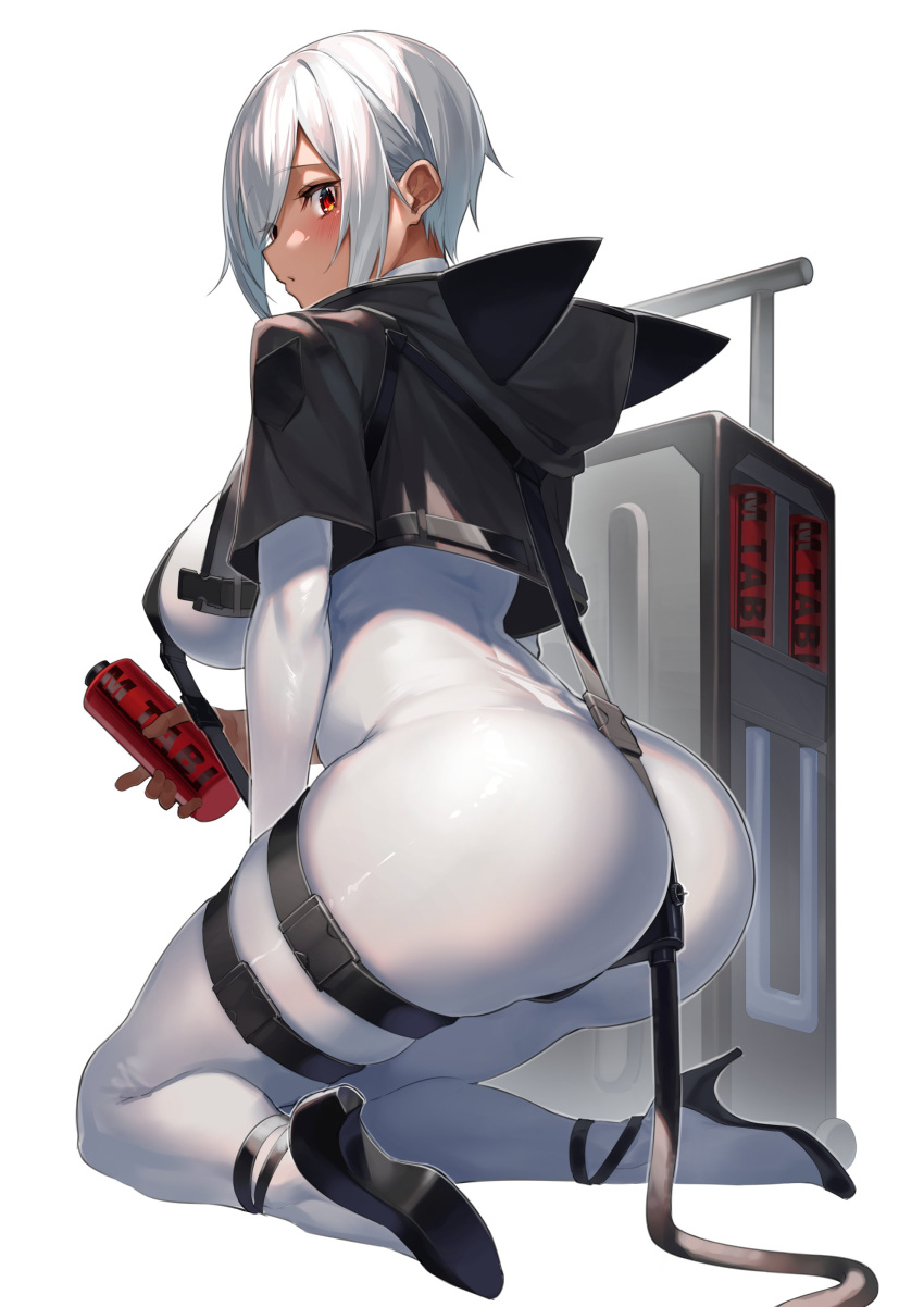 1girl :o absurdres animal_ears animal_hood arched_back ass between_buttocks bodystocking bodysuit breasts cat_ears cat_girl cat_hood cat_tail dark-skinned_female dark_skin female high_heels highres hood hood_down kneeling large_breasts looking_at_viewer looking_back original red_eyes sideboob skin_tight skindentation solo strap suitcase tail thick_thighs thigh_strap thighs white_hair yamanokami_eaka