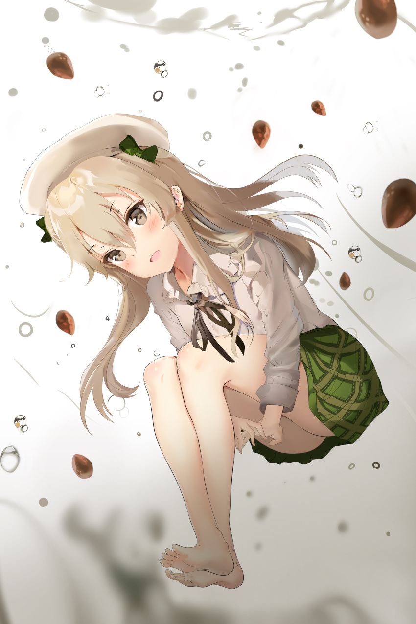 1girl absurdres air_bubble bangs barefoot beret best010409 black_bow black_neckwear blurry blurry_foreground bow bubble casual collared_shirt commentary crossed_ankles girls_und_panzer green_skirt hat hat_bow highres leg_hold light_brown_eyes light_brown_hair long_hair looking_at_viewer miniskirt neck_ribbon one_side_up open_mouth plaid plaid_skirt pleated_skirt ribbon shimada_arisu shirt skirt smile solo underwater white_headwear white_shirt