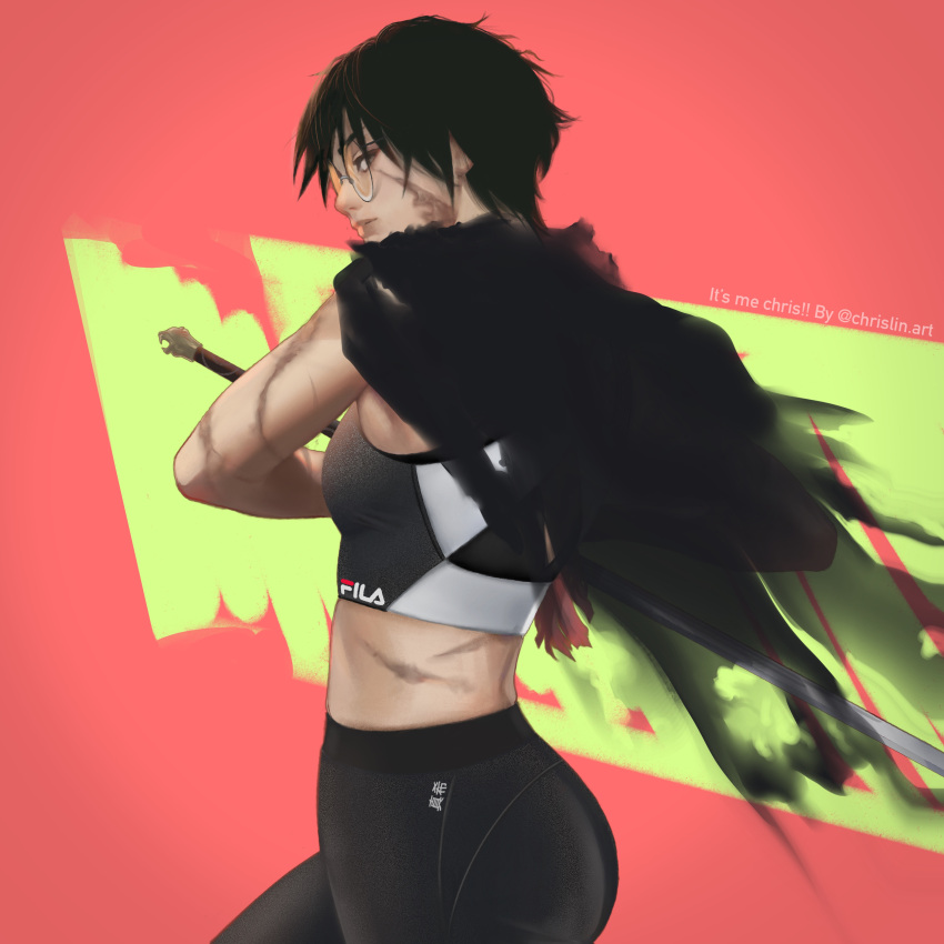 1girl absurdres ass bangs black_hair black_jacket closed_mouth glasses highres holding jacket jujutsu_kaisen looking_at_viewer muscular muscular_female p3n-d pants scar school_uniform short_hair simple_background smile solo weapon zen'in_maki