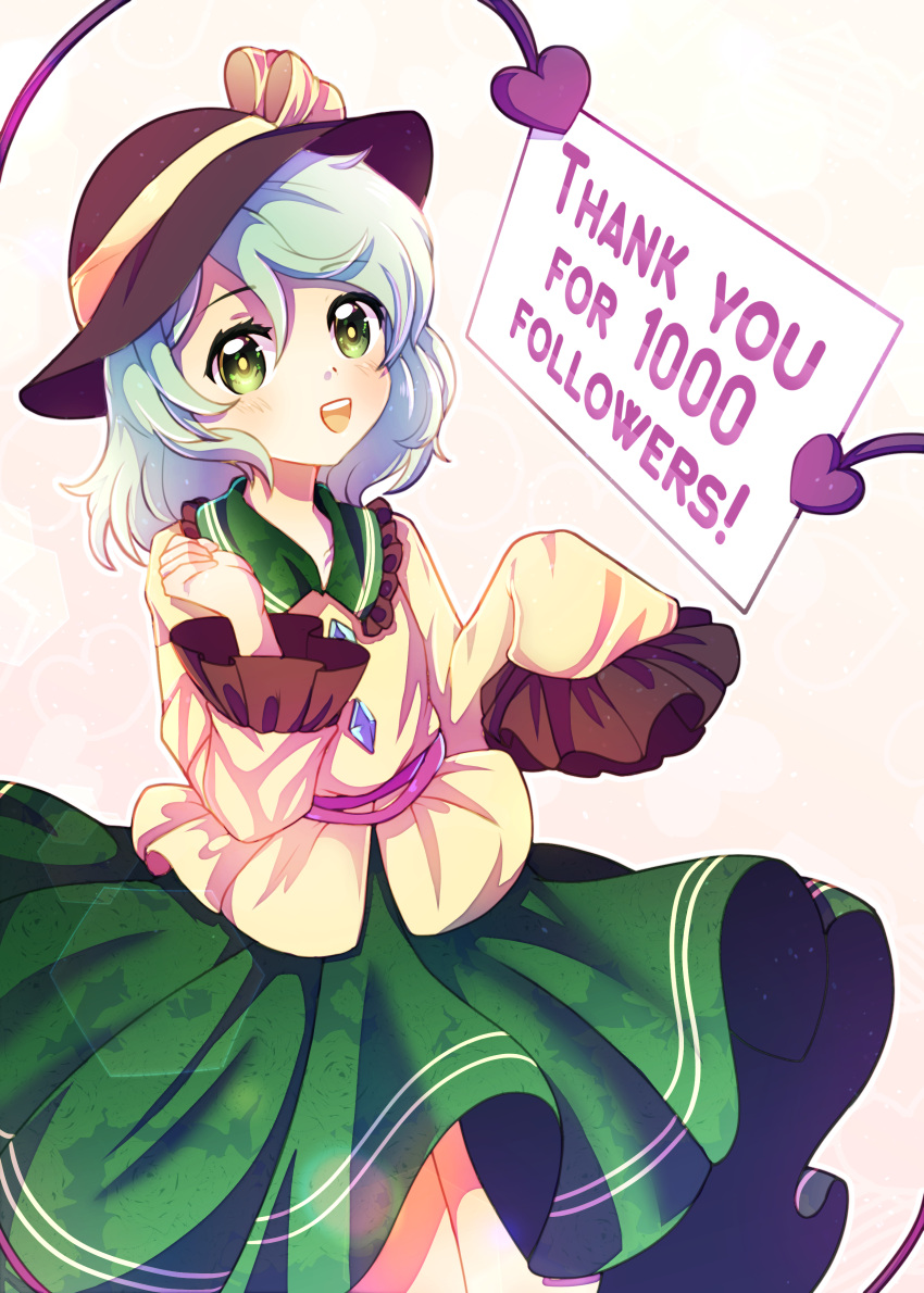 1girl absurdres bangs black_headwear blouse blush bow collar crystal dungeon_toaster english_text eyebrows_visible_through_hair frills green_collar green_eyes green_hair green_skirt hair_between_eyes hat hat_bow heart heart-shaped_pupils highres holding jewelry komeiji_koishi light long_sleeves looking_at_viewer open_mouth short_hair skirt smile solo standing symbol-shaped_pupils third_eye touhou wide_sleeves yellow_blouse yellow_bow yellow_sleeves