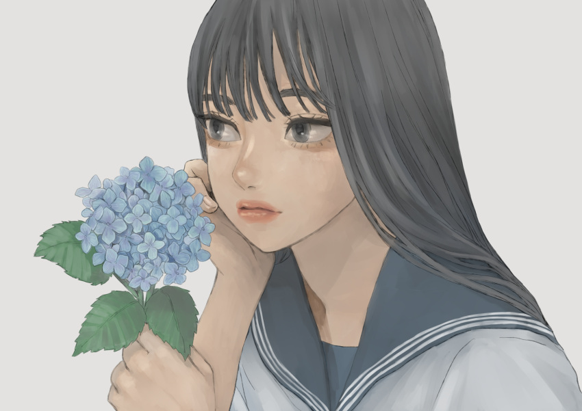 1girl absurdres bangs black_hair blouse blue_flower blue_sailor_collar cobachi commentary_request flower grey_background grey_eyes hand_on_own_chin highres holding holding_flower hydrangea leaf lips long_hair looking_away original partial_commentary sailor_collar school_uniform serafuku short_sleeves simple_background solo white_blouse