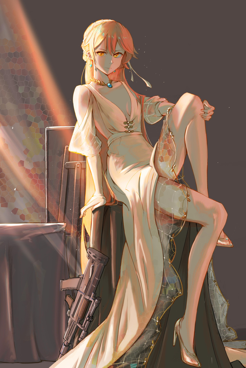 1girl absurdres bare_legs blonde_hair breasts closed_mouth collarbone dress earrings eyebrows_visible_through_hair girls_frontline heart heart_earrings high_heels highres holding_leg jewelry knee_up leg_up legs long_hair looking_at_viewer mo_geng nail_polish necklace ots-14 ots-14_(girls_frontline) sitting small_breasts solo weapon yellow_dress yellow_eyes yellow_footwear