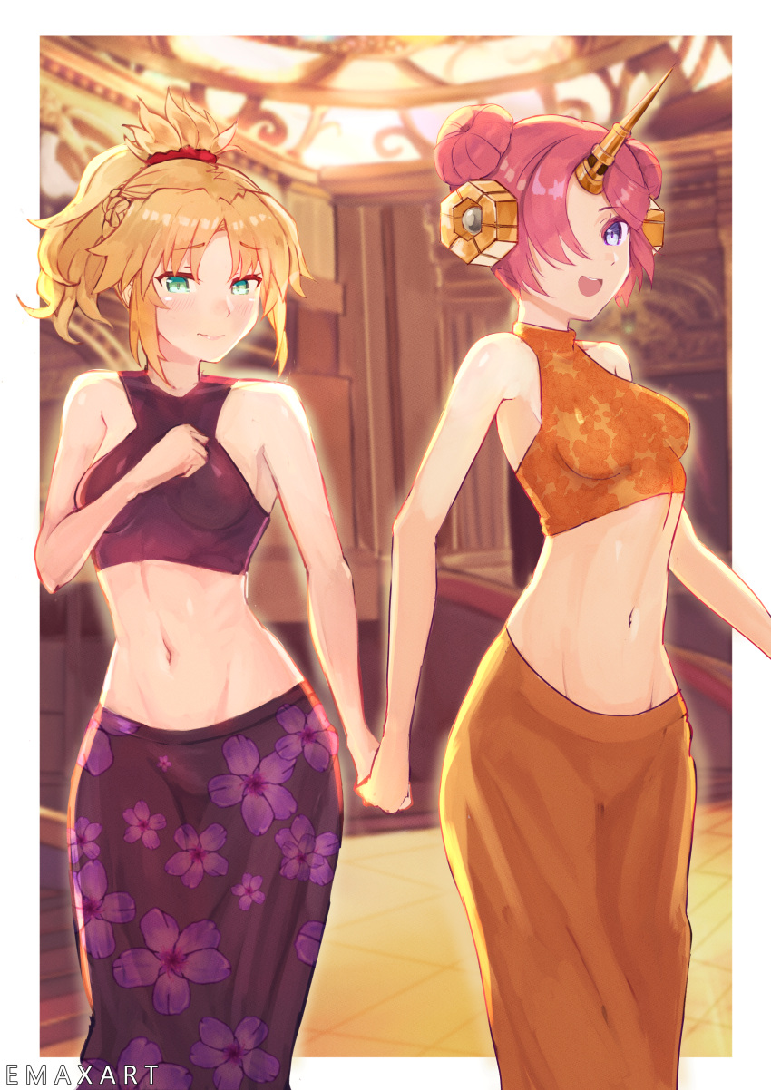2girls absurdres bare_shoulders blonde_hair blue_eyes blush breasts closed_mouth dress emaxart eyebrows eyebrows_visible_through_hair fate/apocrypha fate/grand_order fate_(series) floral_print frankenstein's_monster frankenstein's_monster_(fate) gold_horns green_eyes hair hair_ornament hair_over_one_eye hair_scrunchie headgear highres holding_hands horns huge_filesize midriff mordred_(fate) mordred_(fate)_(all) multiple_girls open_eyes open_mouth party pink_hair short_hair single_horn small_breasts