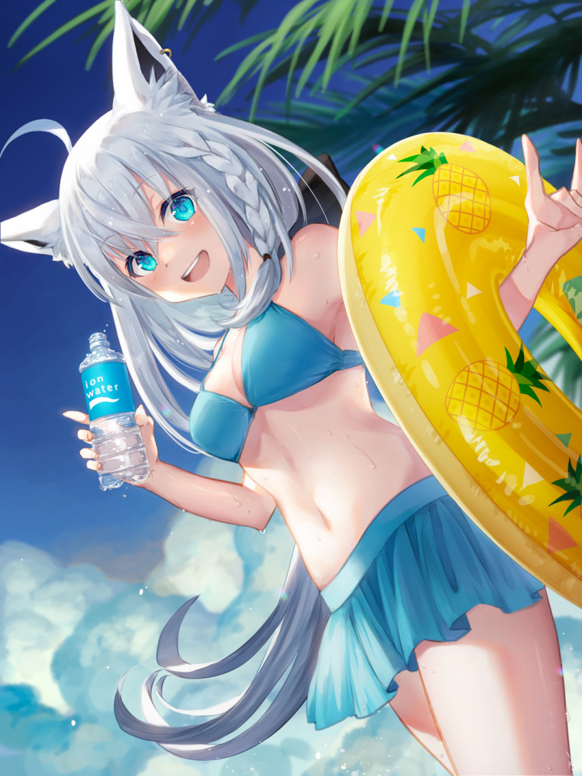 1girl ahoge animal_ear_fluff avri bangs bikini bikini_skirt blush bottle braid breasts clouds cloudy_sky commentary_request day dutch_angle earrings eyebrows_visible_through_hair fox_shadow_puppet green_bikini green_eyes hair_between_eyes highres holding holding_bottle holding_innertube hololive innertube jewelry long_hair looking_at_viewer navel open_mouth palm_leaf plastic_bottle shirakami_fubuki sidelocks single_braid sky small_breasts solo swimsuit virtual_youtuber white_hair