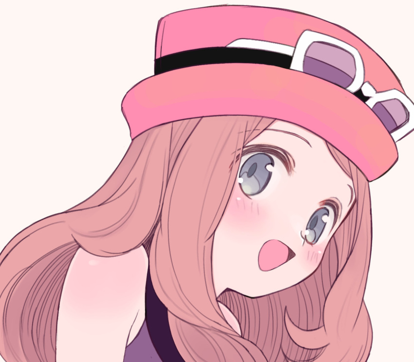 1girl :d bare_arms blush brown_hair commentary_request eyebrows_visible_through_hair eyelashes eyewear_on_headwear grey_eyes grey_shirt hat long_hair looking_at_viewer nasakixoc open_mouth pink_headwear pokemon pokemon_(game) pokemon_xy serena_(pokemon) shirt simple_background sleeveless sleeveless_shirt smile solo sunglasses tongue upper_body white-framed_eyewear white_background