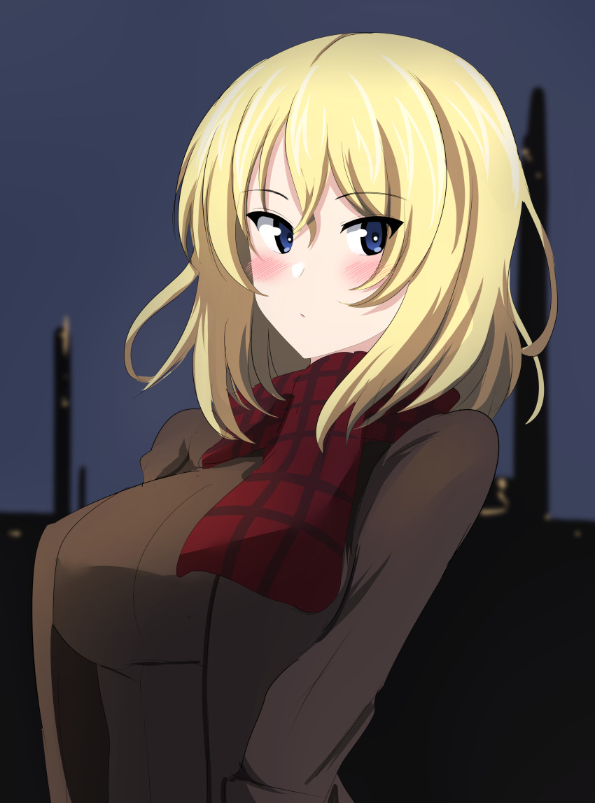 1girl absurdres aikir_(jml5160) bangs black_jacket black_shirt blonde_hair blue_eyes blush casual closed_mouth commentary eyebrows_visible_through_hair girls_und_panzer highres jacket light_frown long_sleeves looking_at_viewer medium_hair messy_hair night oshida_(girls_und_panzer) outdoors plaid plaid_scarf red_scarf scarf shirt solo upper_body winter_clothes