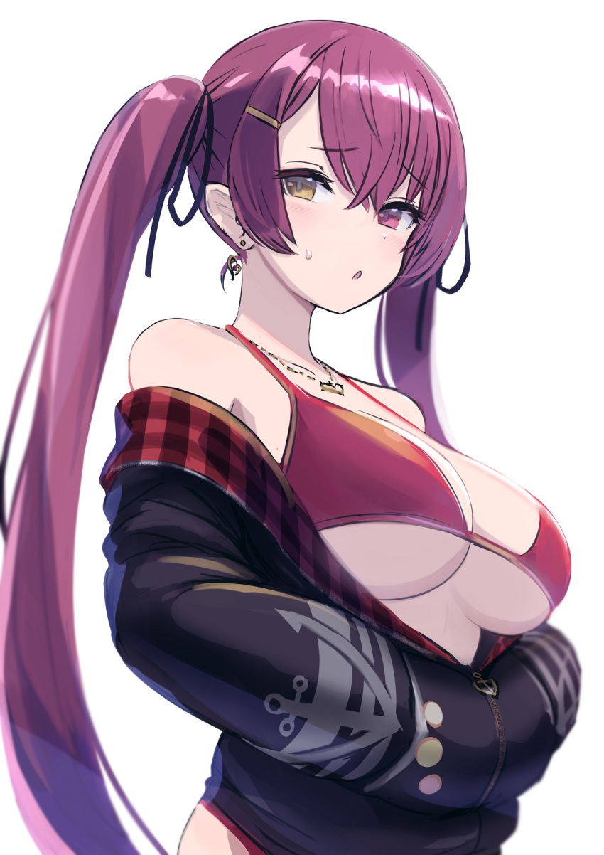 1girl :o bangs bare_shoulders bikini black_jacket blush breasts brown_eyes commentary earrings enumiyaa eyebrows_visible_through_hair hair_ornament hairclip hands_in_pockets heterochromia highres hololive houshou_marine jacket jewelry large_breasts long_hair long_sleeves looking_at_viewer necklace open_clothes open_jacket open_mouth partially_unzipped purple_hair red_bikini solo sweat swimsuit twintails under_boob violet_eyes