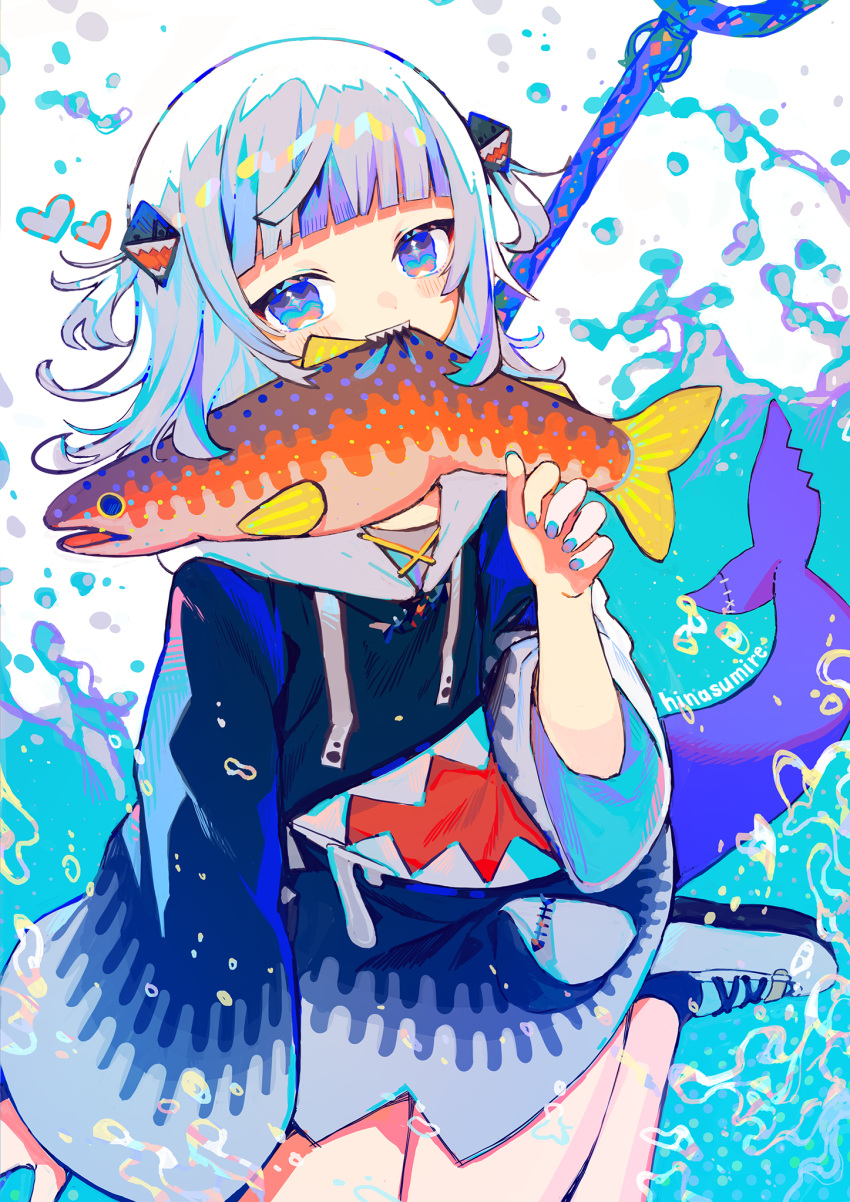 1girl animal artist_name bangs blue_background blue_eyes blue_footwear blue_hair blue_hoodie blue_nails blunt_bangs commentary drawstring english_commentary fish fish_tail gawr_gura hair_ornament hand_up heart highres hinasumire holding holding_animal holding_fish hololive hololive_english hood hood_down hoodie light_smile long_sleeves looking_at_viewer medium_hair mouth_hold multicolored_hair pocket polearm shark_hair_ornament shark_tail sharp_teeth shoes sneakers solo streaked_hair tail teeth trident tsurime two_side_up virtual_youtuber water weapon white_background white_footwear white_hair wide_sleeves