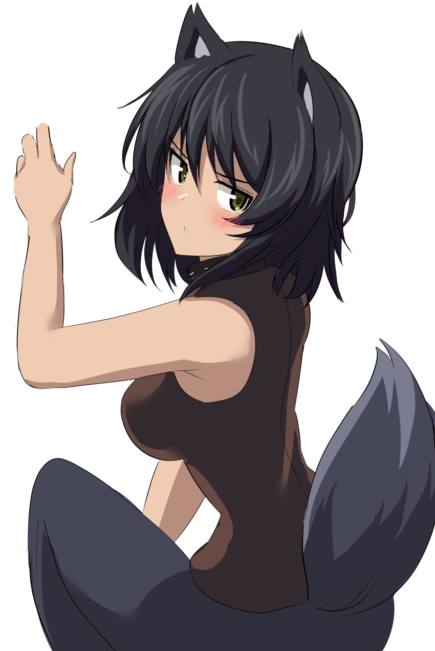 1girl absurdres aikir_(jml5160) andou_(girls_und_panzer) animal_ears bangs black_hair black_shirt blue_pants blush brown_eyes casual claw_pose commentary dark-skinned_female dark_skin eyebrows_visible_through_hair from_below frown girls_und_panzer highres kemonomimi_mode looking_at_viewer looking_back medium_hair messy_hair pants parted_lips shirt simple_background sleeveless sleeveless_shirt solo squatting tail white_background wolf_ears wolf_tail