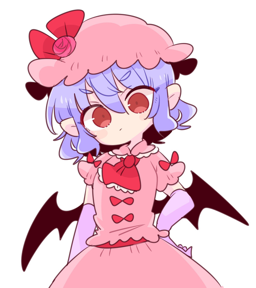 1girl ascot bat_wings blue_hair bow brooch cravat dress frilled_shirt frilled_shirt_collar frilled_sleeves frills hat hat_ribbon highres jewelry mob_cap op_na_yarou pink_dress puffy_short_sleeves puffy_sleeves red_bow red_eyes red_ribbon remilia_scarlet ribbon ribbon_trim sash shirt short_hair short_sleeves simple_background touhou wavy_hair white_background wings wrist_cuffs