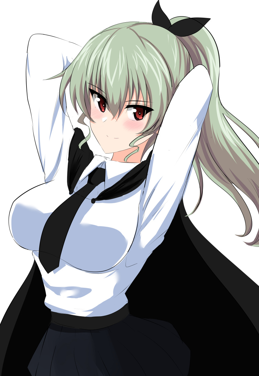 1girl absurdres aikir_(jml5160) alternate_hairstyle anchovy_(girls_und_panzer) anzio_school_uniform arms_behind_head arms_up bangs black_cape black_neckwear black_ribbon black_skirt cape closed_mouth commentary cowboy_shot dress_shirt eyebrows_visible_through_hair girls_und_panzer green_hair hair_ribbon highres long_hair long_sleeves looking_at_viewer necktie pleated_skirt ponytail red_eyes ribbon school_uniform shirt simple_background skirt smile solo standing white_background white_shirt wing_collar