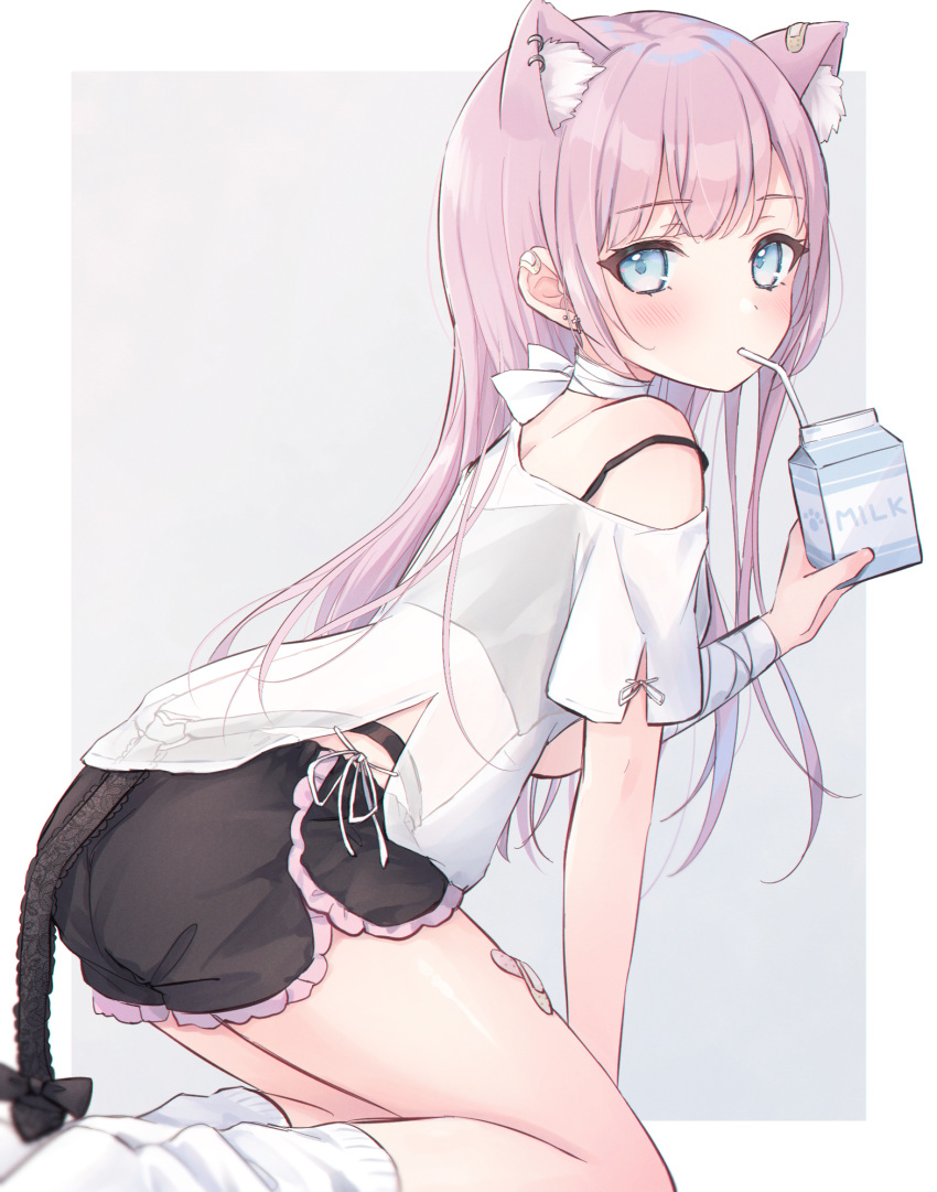 1girl animal_ear_fluff animal_ears bandaid bandaid_on_leg bangs black_shorts blue_eyes blush border cat_ears commentary_request crossed_bangs drinking drinking_straw drinking_straw_in_mouth ear_piercing eyebrows_visible_through_hair feet_out_of_frame grey_background hand_up highres long_hair looking_at_viewer looking_to_the_side milk original piercing pink_hair shano_hiyori shirt short_shorts short_sleeves shorts sidelocks socks solo tareme white_border white_legwear white_shirt