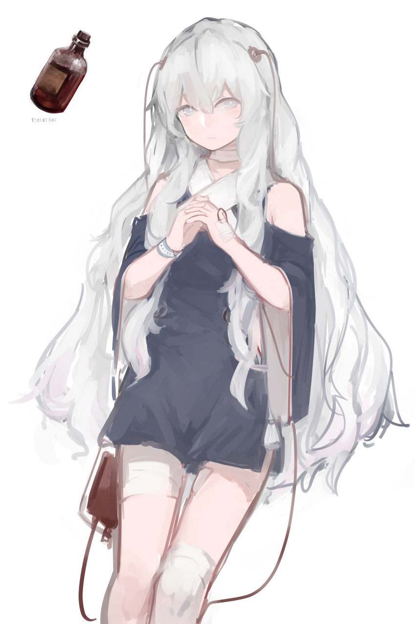 1girl absurdres bandaged_leg bandaged_neck bandages bangs bare_shoulders blood blood_bag blush bottle closed_mouth commentary dated_commentary dress english_commentary girls_frontline grey_dress grey_eyes grey_hair hair_between_eyes hands_together highres intravenous_drip long_hair looking_at_viewer rampart1028 ribeyrolles_(girls_frontline) short_dress sidelocks simple_background solo translation_request very_long_hair wavy_hair white_background