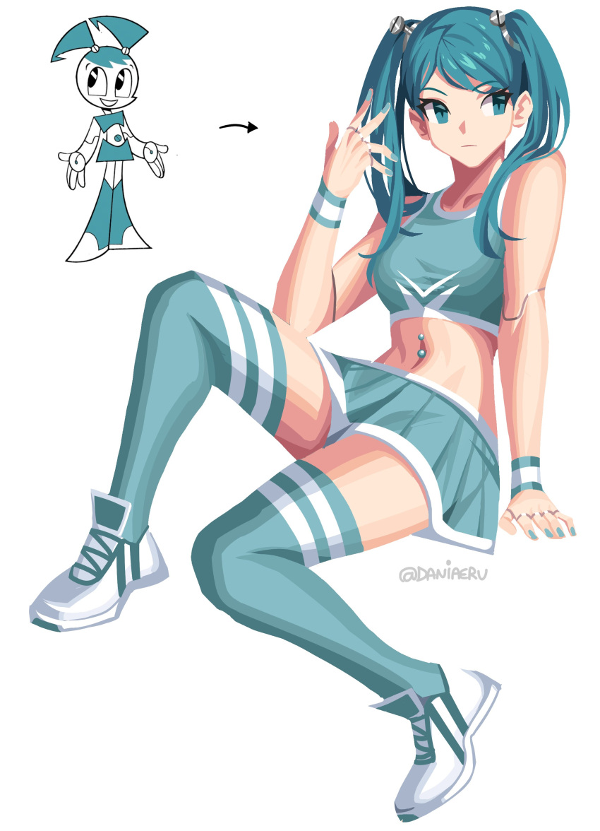 1girl absurdres android arrow_(symbol) artist_name bangs blue_eyes blue_hair blue_nails blue_skirt bracelet crop_top daniaeru hair_behind_ear highres jenny_wakeman jewelry looking_to_the_side midriff my_life_as_a_teenage_robot navel reference_photo_inset shoes sitting skirt smile sneakers thigh-highs twintails white_background white_footwear