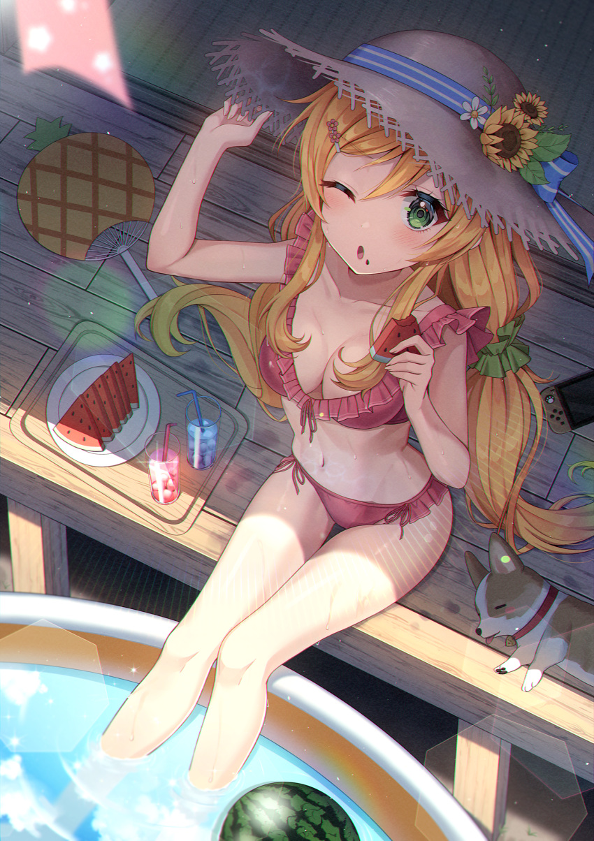 1girl ;o animal bikini blonde_hair brown_headwear collarbone cup dog drinking_glass drinking_straw food from_above fruit green_eyes green_scrunchie hair_ornament hair_scrunchie hand_up handheld_game_console hat highres holding holding_food long_hair looking_at_viewer low_twintails navel nintendo_switch one_eye_closed original pine_(angel4195202) red_bikini scrunchie sitting solo straw_hat summer swimsuit twintails water watermelon