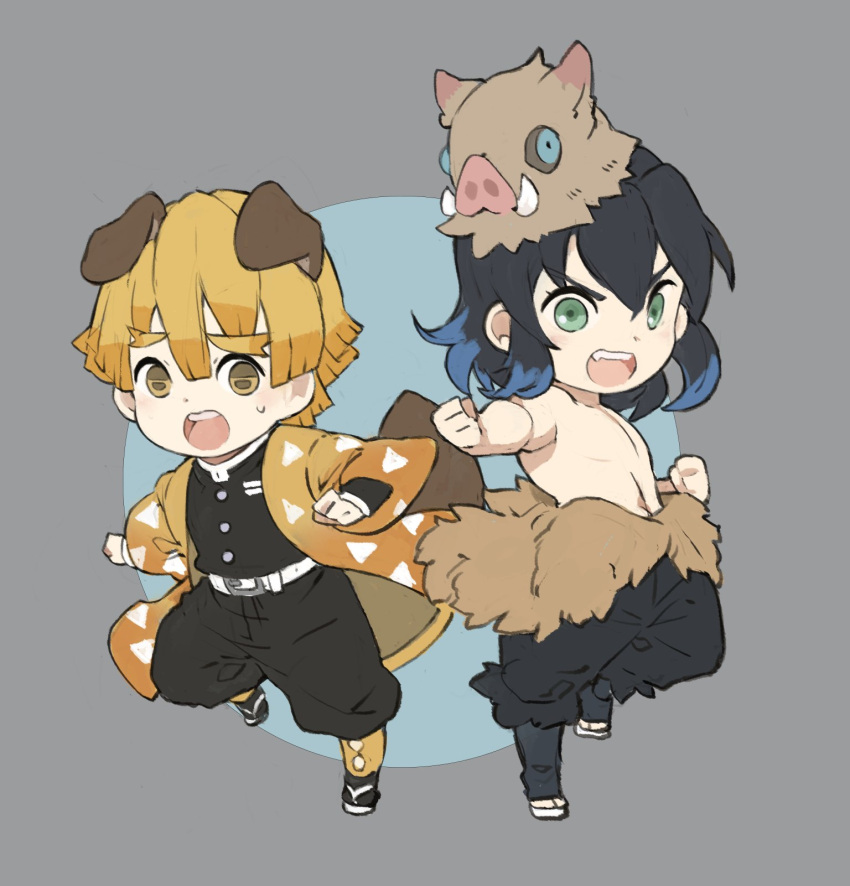 2boys animal_ears bangs belt black_hair black_pants blonde_hair blue_hair boar_mask chibi dog_ears dog_tail fang fur_trim green_eyes hair_between_eyes haori hashibira_inosuke highres japanese_clothes kimetsu_no_yaiba long_sleeves male_focus mask mask_on_head multicolored_hair multiple_boys open_mouth pants papajay_(jennygin2) shirtless simple_background tail triangle_print two-tone_background white_belt yellow_eyes