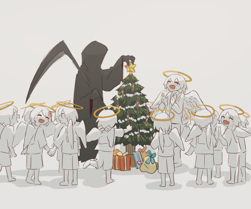 6+boys :d ^_^ absurdres angel angel_wings avogado6 christmas_gift closed_eyes colored_skin commentary_request feathered_wings gift halo highres holding holding_hands holding_scythe jacket medium_hair multiple_boys open_mouth original red_eyes scythe simple_background smile white_background white_hair white_jacket white_skin white_wings wings